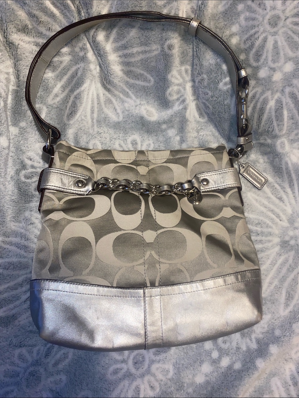 Coach Silver and Light Gray Signature Chain Shoulder Bag